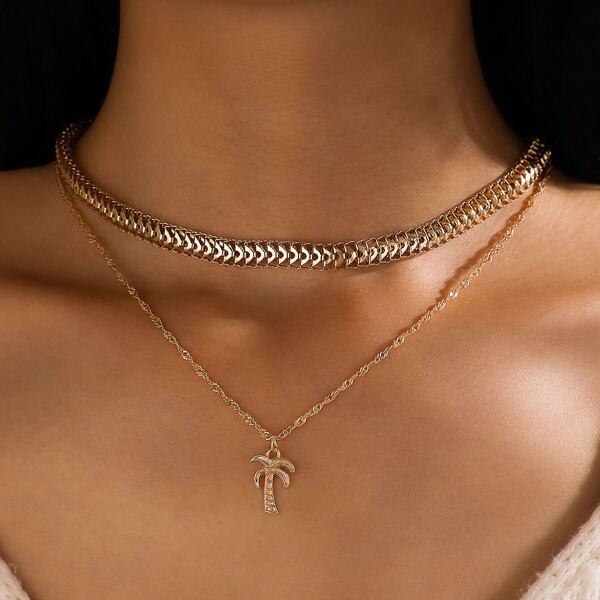 

Coconut Tree Charm Layered Necklace, Gold