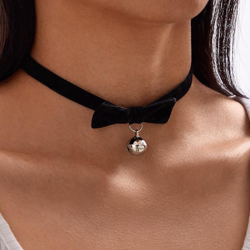 

1pc Bell Charm Bow Decor Choker, Black