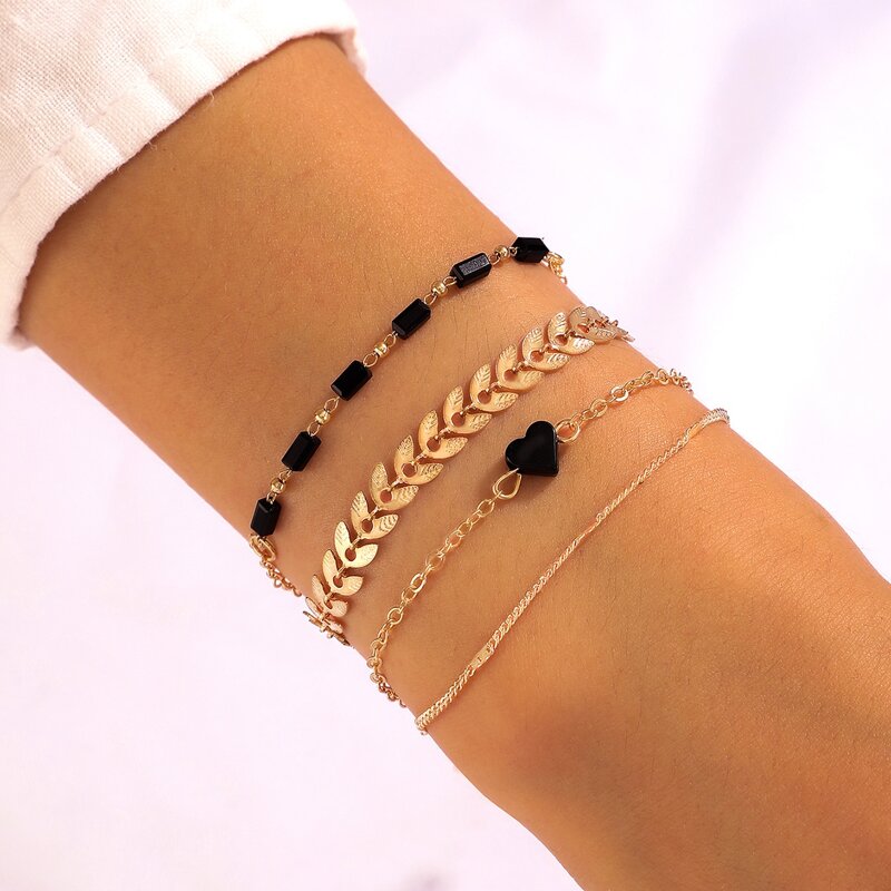 

4pcs Leaf & Heart Decor Chain Bracelet, Gold
