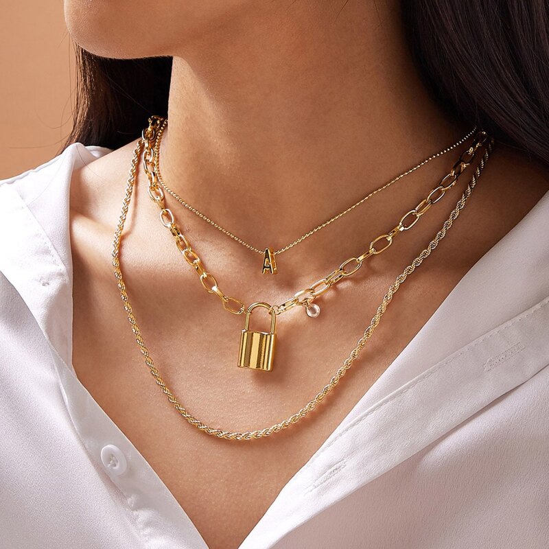 

1pc Lock & Letter Charm Layered Chain Necklace, Gold