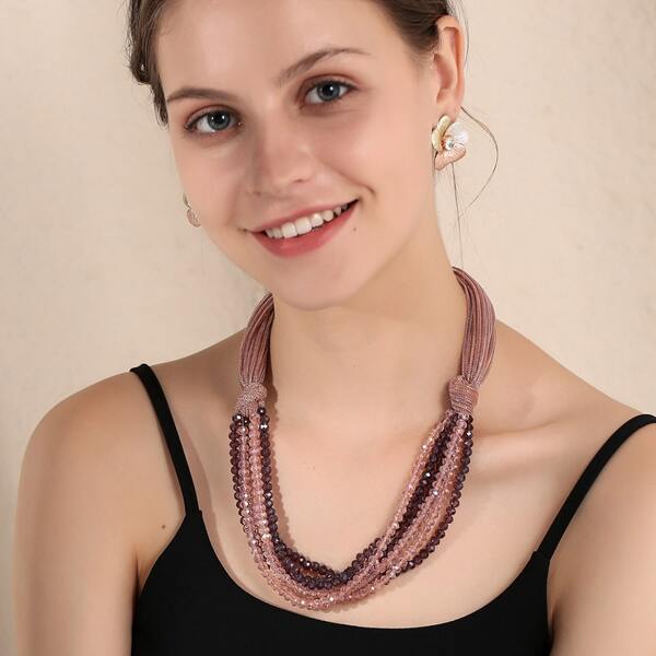 

Crystal Beaded Layered Necklace, Pink