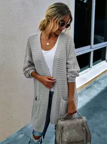 Chunky Knit Casual Design Cardigan - Light Grey - View 5