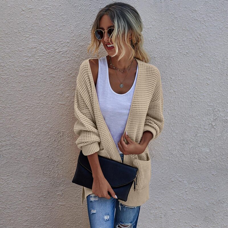 

Waffle Knit Dual Pocket Cardigan, Apricot