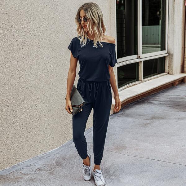 

Solid Drawstring Waist Slant Pocket Jumpsuit, Navy blue