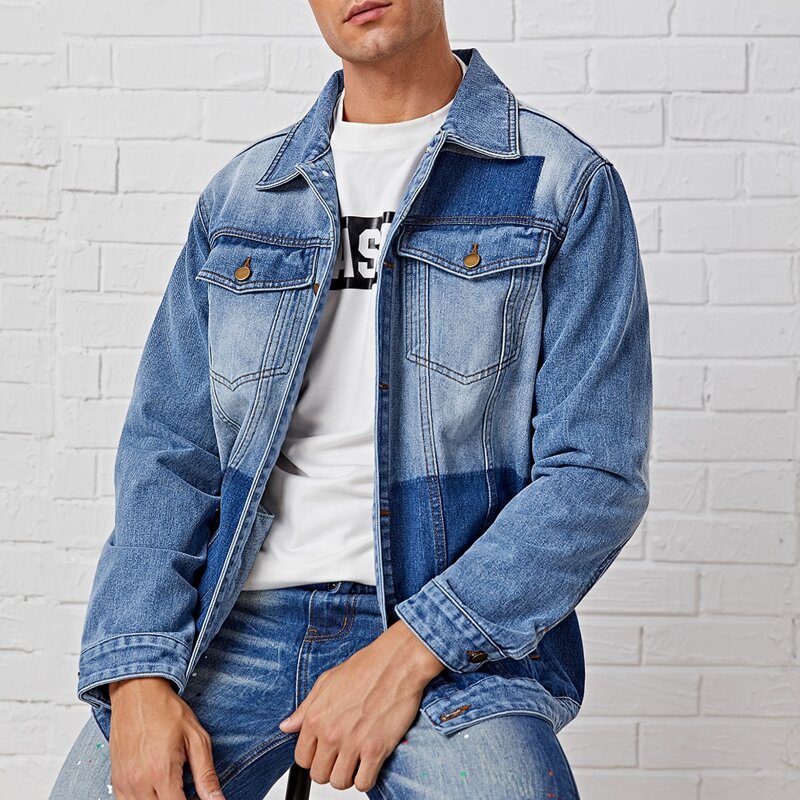 

Guys Colorblock Button Front Denim Jacket, Medium wash