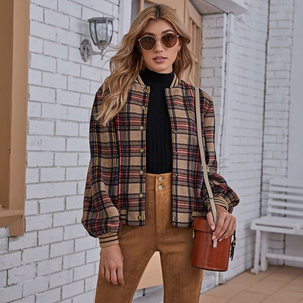 

Button Up Striped Trim Plaid Jacket, Multicolor