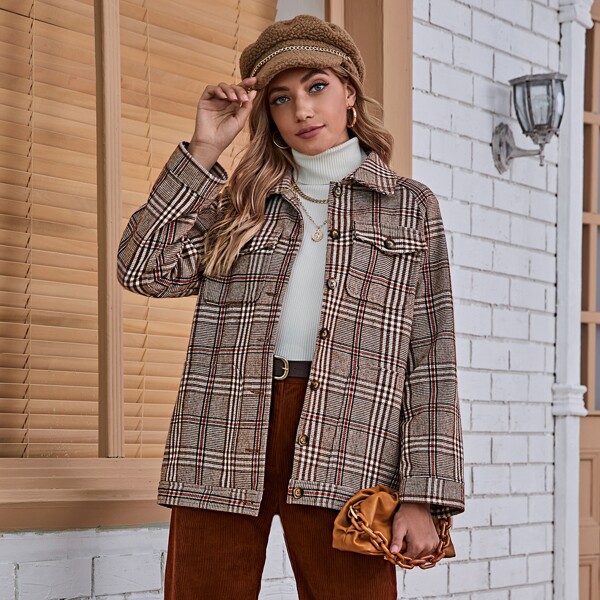 

Flap Pocket Raglan Sleeve Plaid Coat, Multicolor