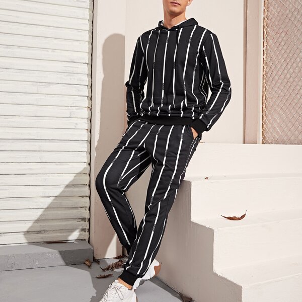

Men Letter Graphic Striped Hoodie & Sweatpants Set, Black