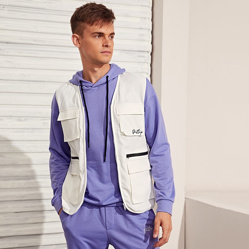 

Guys Letter Embroidered Flap Pocket Wind Jacket Vest, White