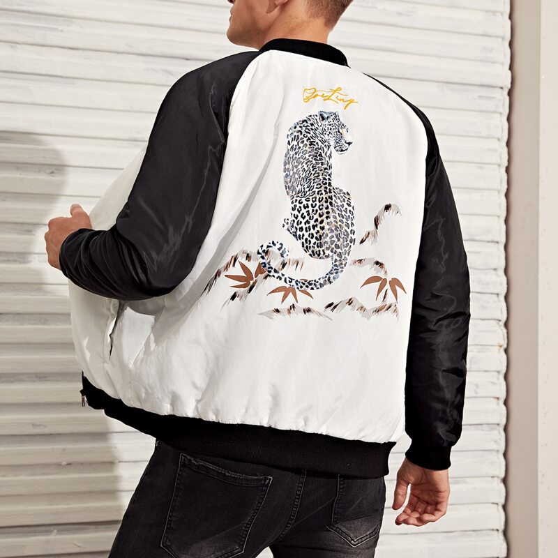 

Guys Leopard and Letter Graphic Raglan Sleeve Padded Jacket, Black and white