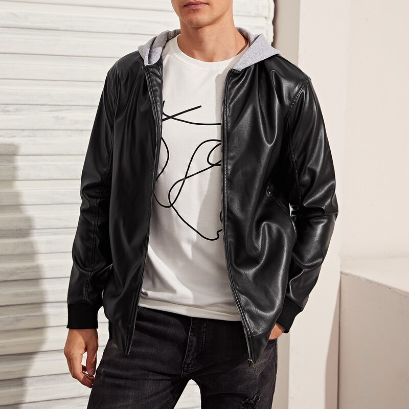 

Guys Zipper Up Contrast Hooded PU Leather Jacket, Black
