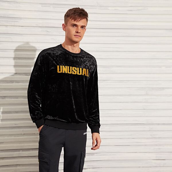 

Men Letter Embroidery Velvet Pullover, Black