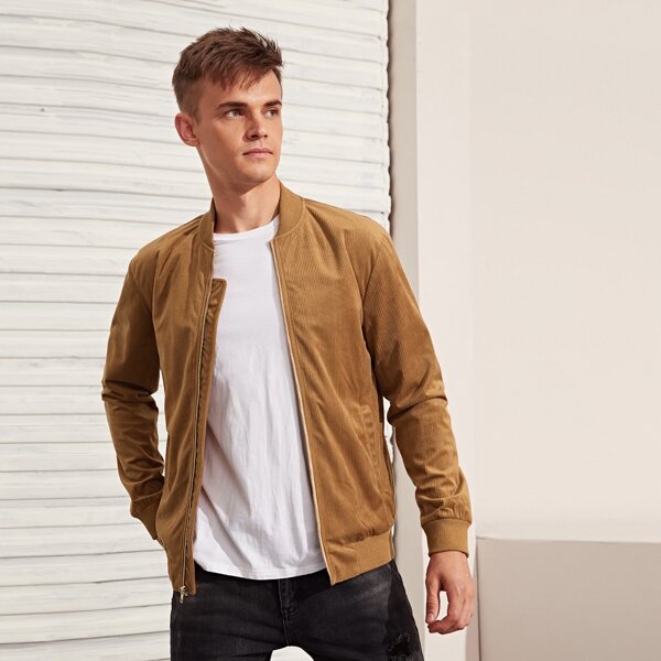 

Men Solid Cord Bomber Jacket, Brown