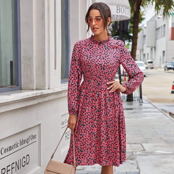 

Allover Floral Print Button Keyhole A-line Dress, Multicolor