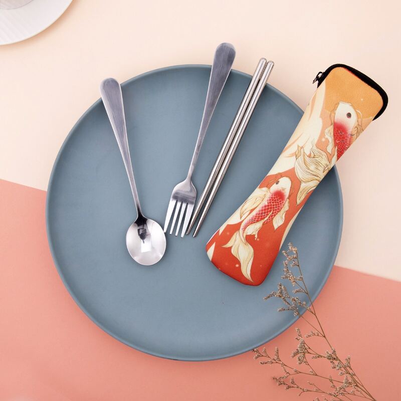 

3pcs Portable Cutlery Set & 1pc Storage Bag, Multicolor