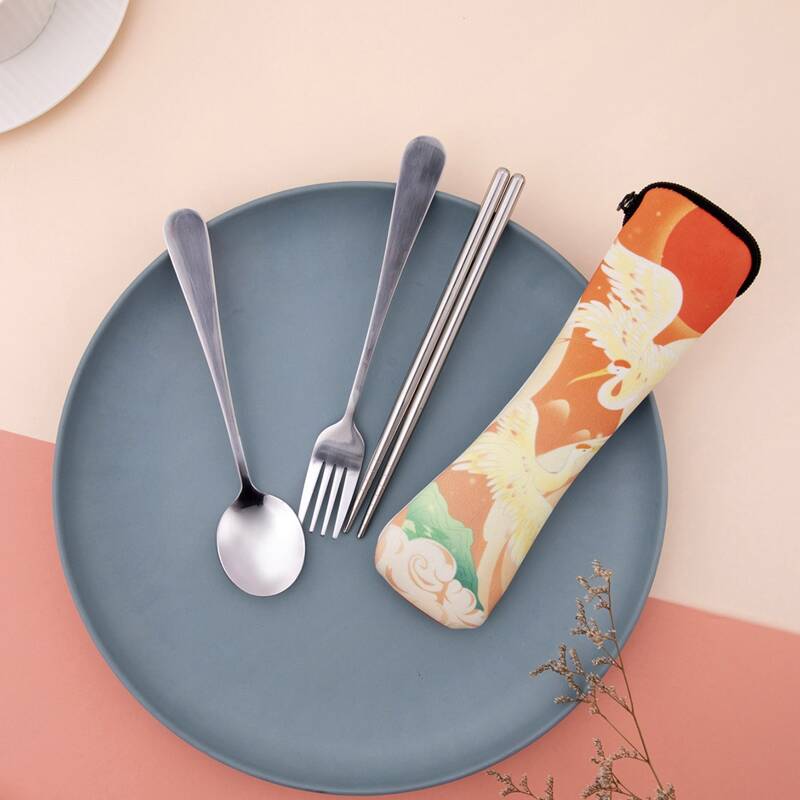

3pcs Portable Cutlery Set & 1pc Storage Bag, Multicolor