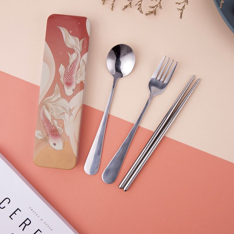 

3pcs Portable Cutlery Set & 1pc Storage Box, Multicolor