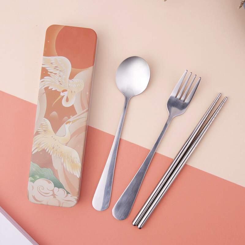 

3pcs Portable Cutlery Set & 1pc Storage Box, Multicolor