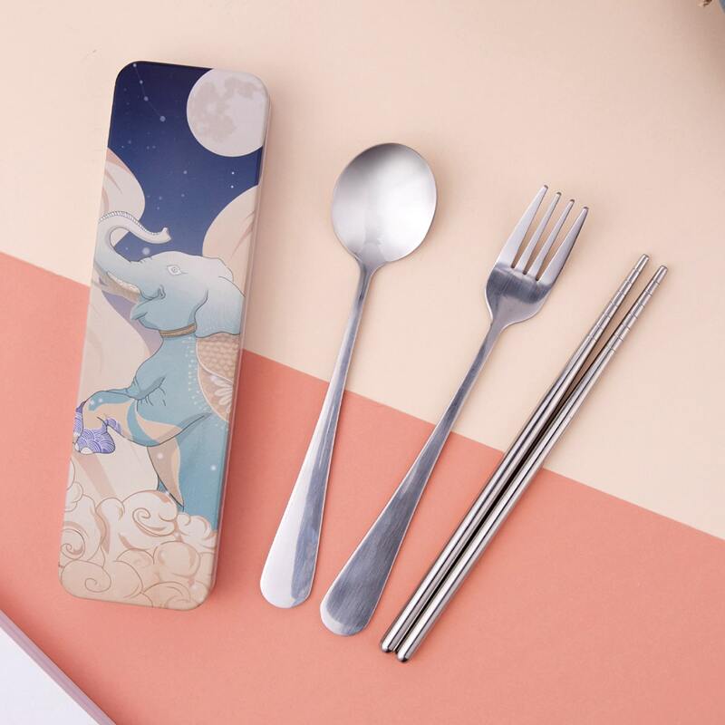 

3pcs Portable Cutlery Set & 1pc Storage Box, Multicolor