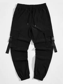Manfinity RebelGame Men Drawstring Waist Buckle Strap Pocket Patched Wind Trousers - Black - View 1