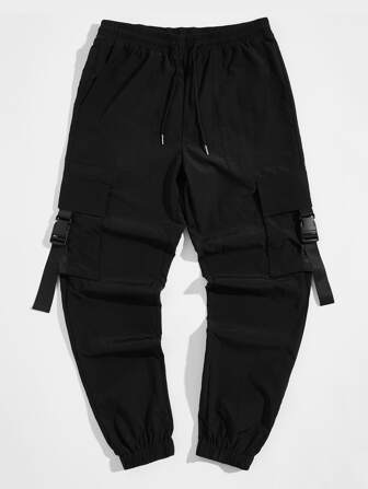 Manfinity RebelGame Men Drawstring Waist Buckle Strap Pocket Patched Wind Trousers