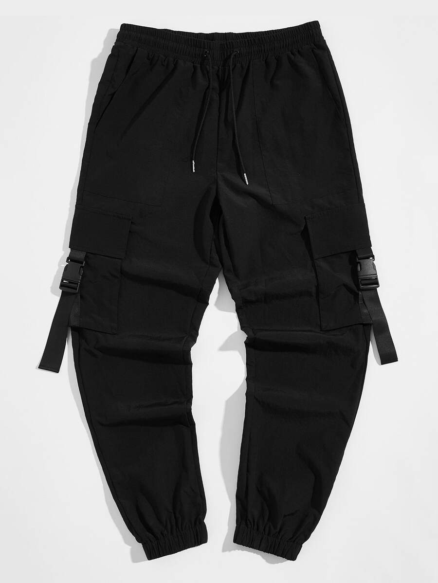 Manfinity RebelGame Men Drawstring Waist Buckle Strap Pocket Patched Wind Trousers - Black - View 1