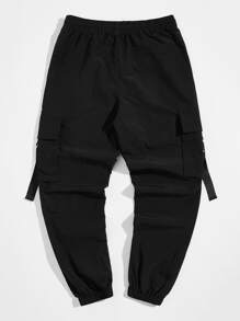 Manfinity RebelGame Men Drawstring Waist Buckle Strap Pocket Patched Wind Trousers - Black - View 2