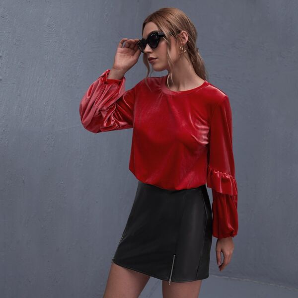 

Solid Ruffle Trim Velvet Blouse, Burgundy