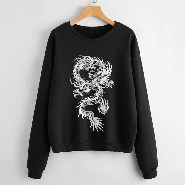 

Chinese Dragon Graphic Drop Shoulder Sweatshirt, Black