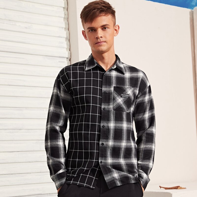 

Guys Plaid Drop Shoulder Shirt, Black and white