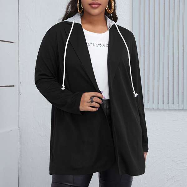 

Plus Single Breasted Drawstring Hooded Coat, Black
