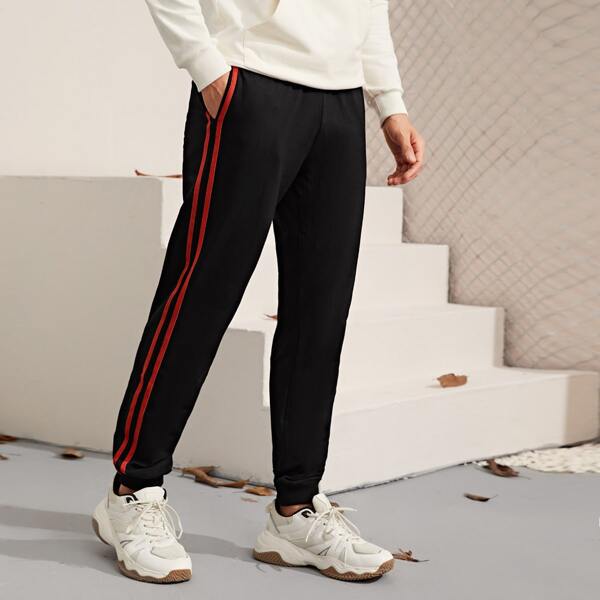 

Men Side Strip Drawstring Waist Sweatpants, Black