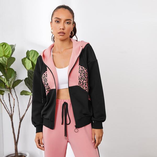 

Color Block Leopard Zipper Drawstring Hoodie, Multicolor