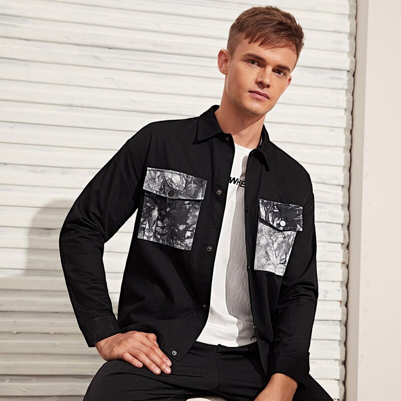 

Guys Drop Shoulder Button Front Jacket, Black