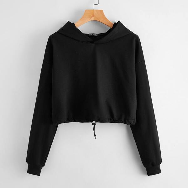 

Drop Shoulder Drawstring Hem Hoodie, Black