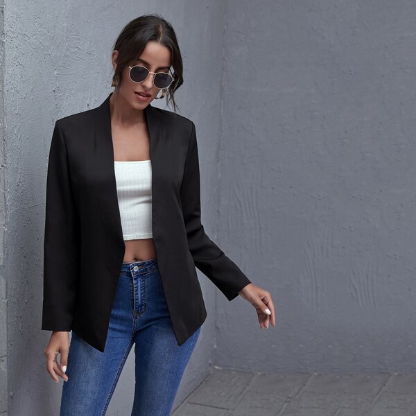 

Solid Open Front Blazer, Black