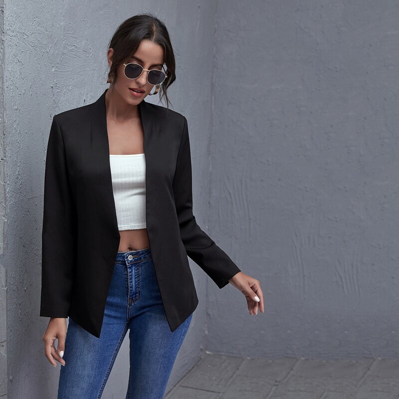 

Solid Open Front Blazer, Black