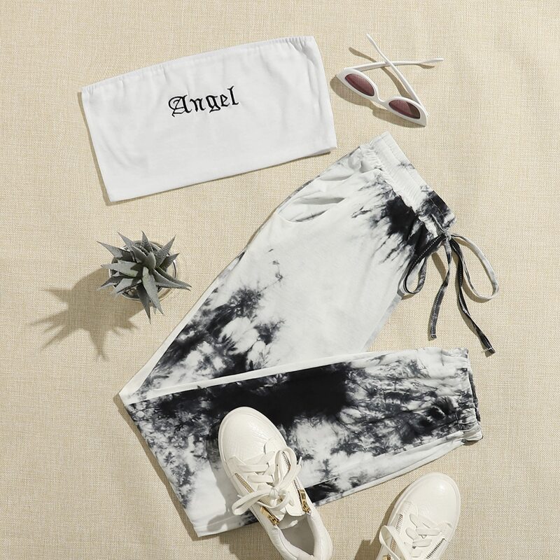 

Letter Graphic Tube Top & Tie Dye Pants, Black and white