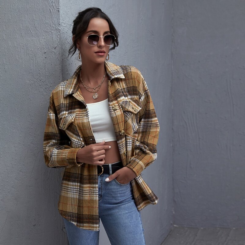 

Drop Shoulder Flap Pocket Tartan Coat, Multicolor