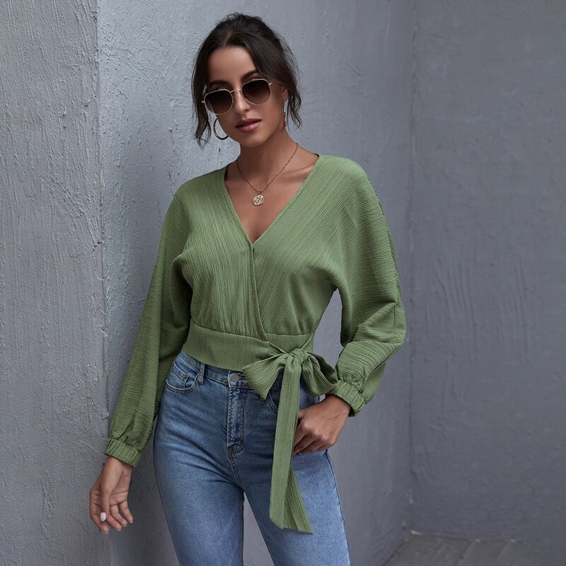 

Surplice Neck Tie Side Blouse, Army green