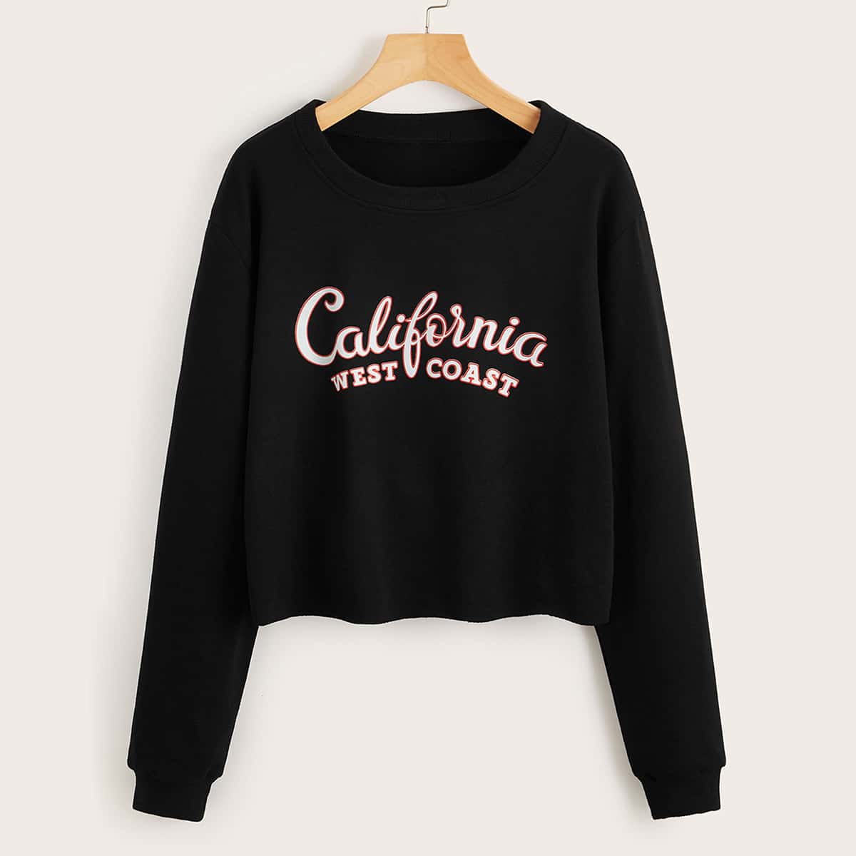 Letter Graphic Round Neck Sweatshirt, Black