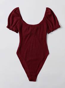 SHEIN EZwear Sweetheart Neck Ruched Front Rib-knit Bodysuit - Burgundy - View 2