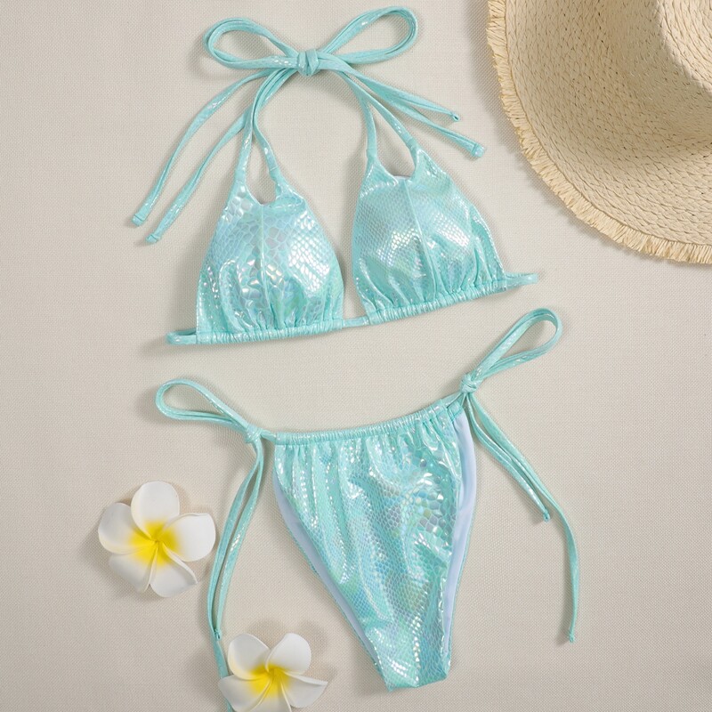 

Snakeskin Triangle Tie Side Bikini Swimsuit, Green