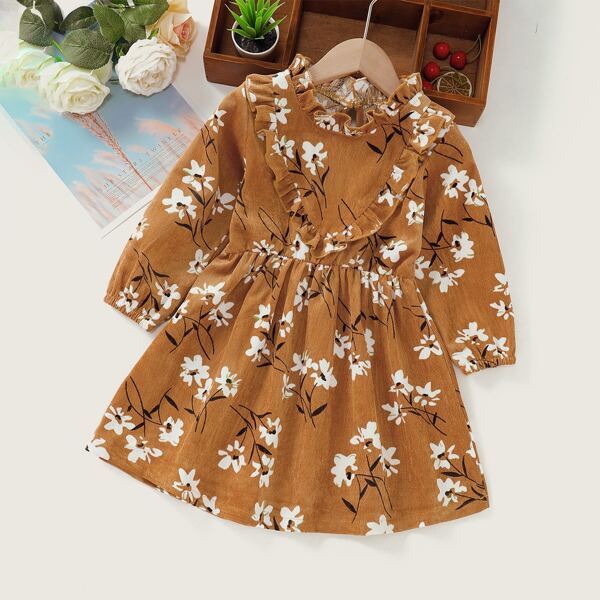 

Toddler Girls Floral Print Ruffle Trim Button Keyhole Dress, Brown