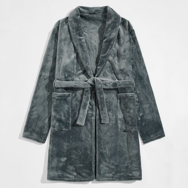 

Guys Pocket Front Self Belted Velvet Robe, Dark grey