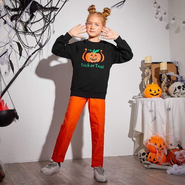 

Girls Slogan & Halloween Print Raglan Sleeve Pullover, Black