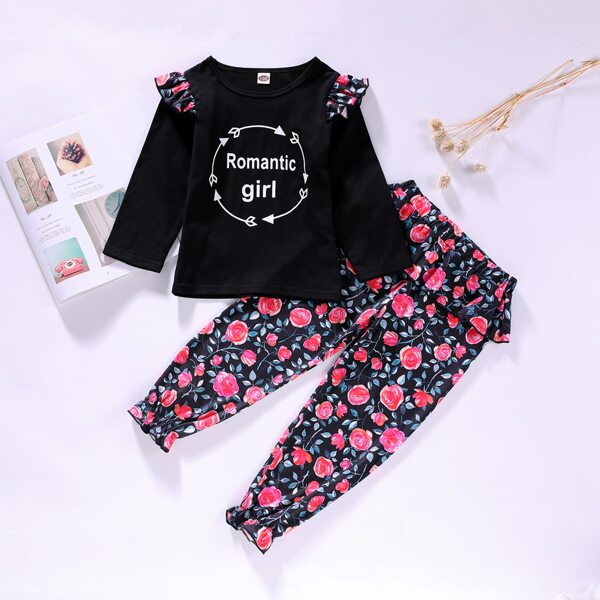 

Toddler Girls Letter Graphic Tee With Floral Print Carrot Pants, Multicolor
