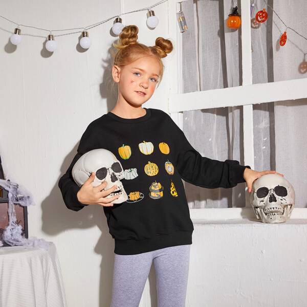 

Girls Halloween Print Drop Shoulder Sweatshirt, Black