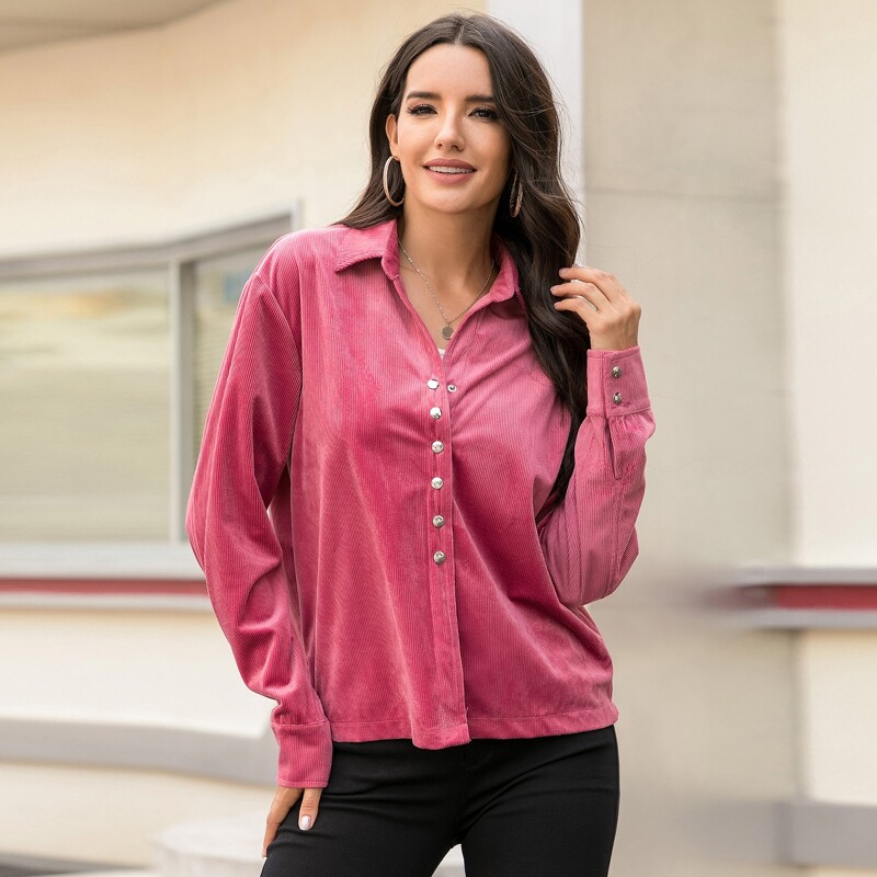 

Corduroy Button Front Solid Shacket, Pink