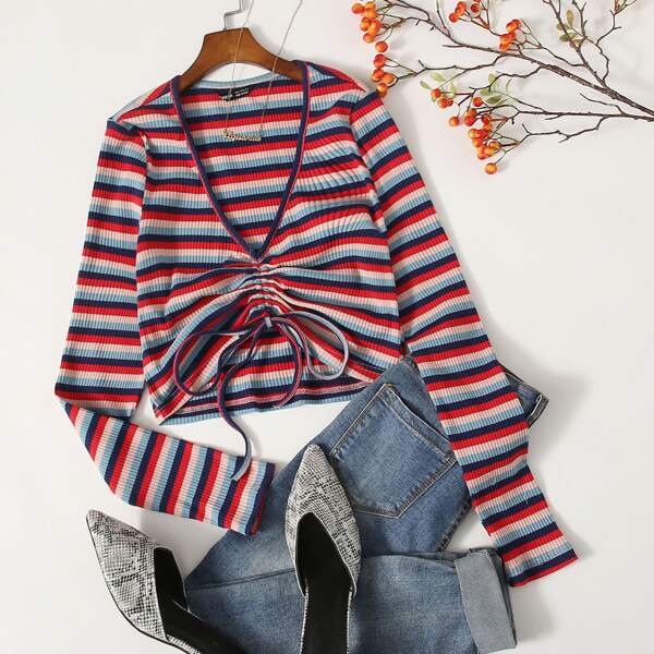 

Drawstring Front Striped Crop Top, Multicolor